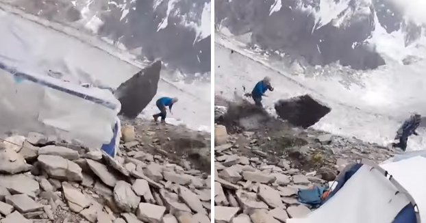 Un escalador consigue esquivar una enorme roca desprendida que iba a toda velocidad hacia él