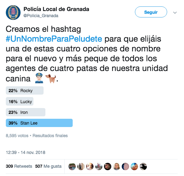 La policía de Granada rescata a un perro que estaba siendo maltratado por su dueño y lo adoptan. Tras una votación en Twitter lo han llamado Stan Lee