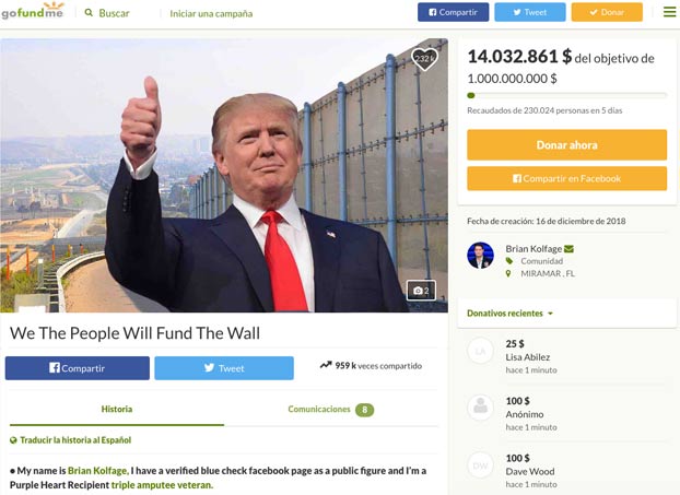 Abre un crowdfunding para levantar el muro de Trump y recauda 14 millones de dólares en 5 días