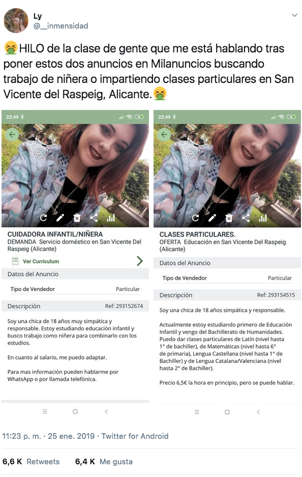 Publica un anuncio para trabajar de niñera en Alicante y recibe todo tipo de propuestas. Estas son las capturas de WhatsApp