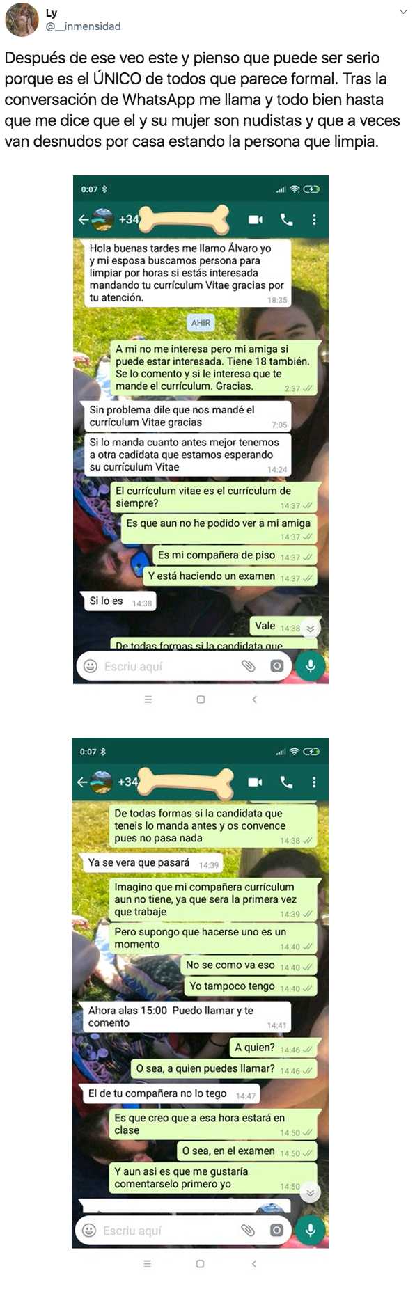 Publica un anuncio para trabajar de niñera en Alicante y recibe todo tipo de propuestas. Estas son las capturas de WhatsApp