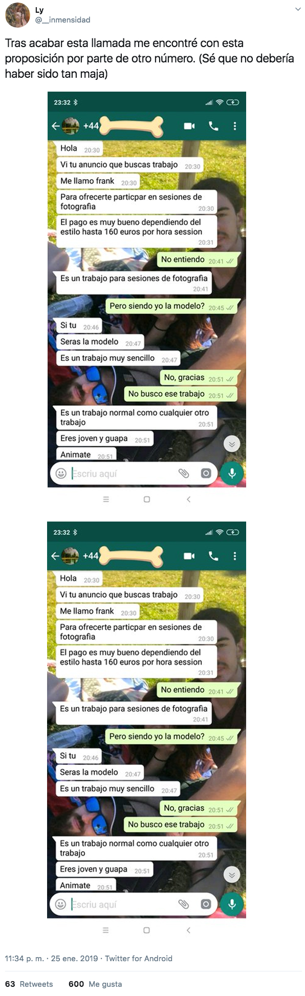 Publica un anuncio para trabajar de niñera en Alicante y recibe todo tipo de propuestas. Estas son las capturas de WhatsApp