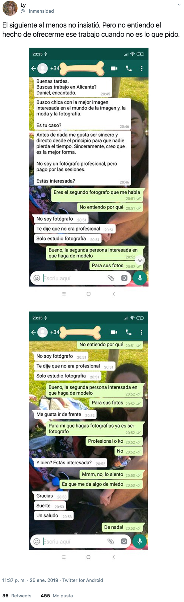 Publica un anuncio para trabajar de niñera en Alicante y recibe todo tipo de propuestas. Estas son las capturas de WhatsApp