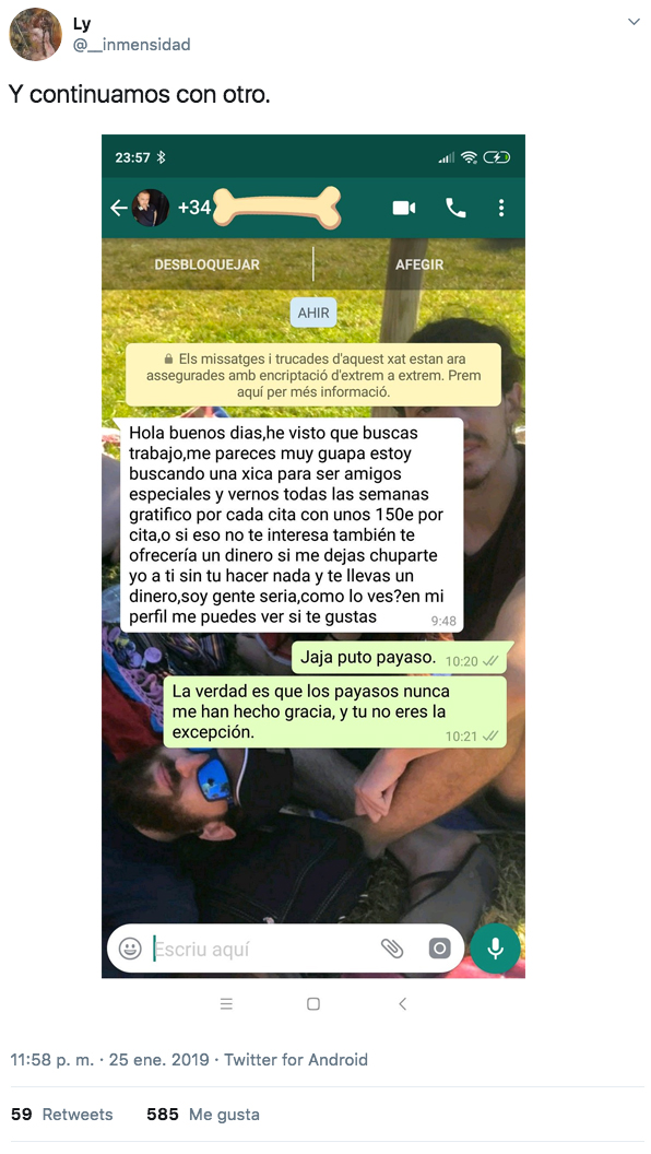 Publica un anuncio para trabajar de niñera en Alicante y recibe todo tipo de propuestas. Estas son las capturas de WhatsApp