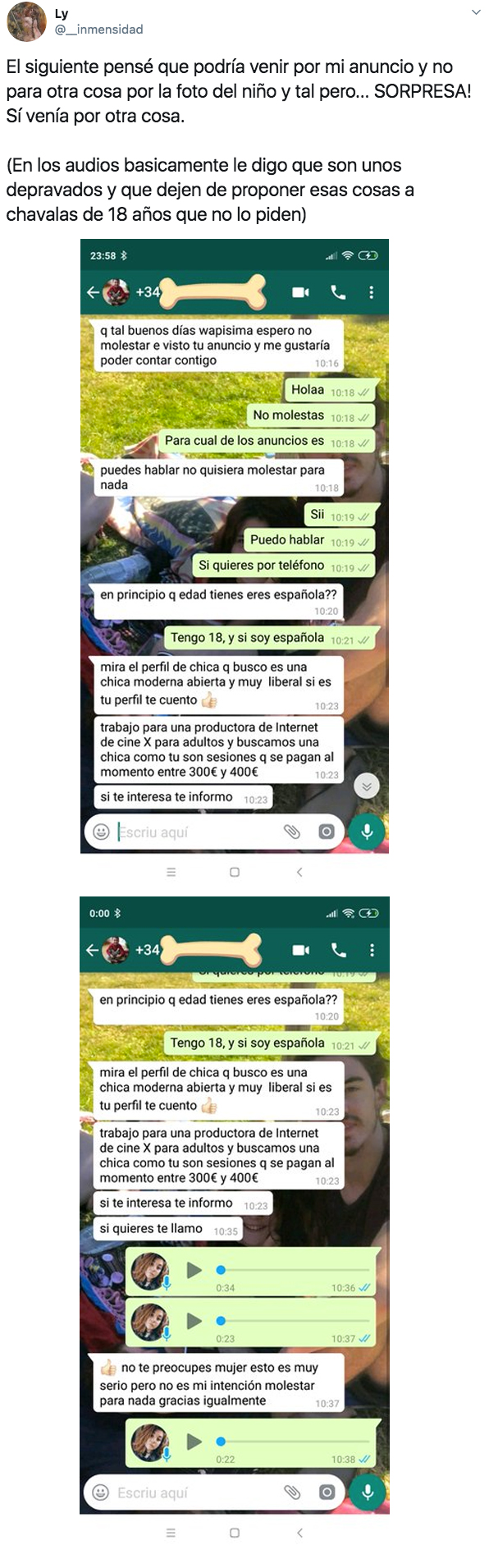 Publica un anuncio para trabajar de niñera en Alicante y recibe todo tipo de propuestas. Estas son las capturas de WhatsApp