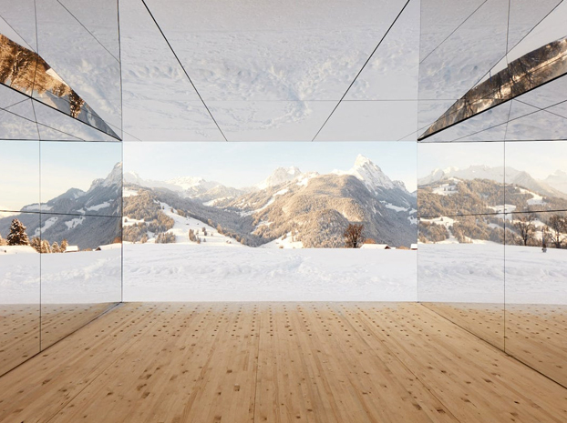 La casa con paredes de espejo del artista Doug Aitken que se camufla entre los Alpes suizos