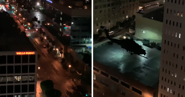 Ejercicios nocturnos de entrenamiento militar con helicópteros en el centro de Los Ángeles