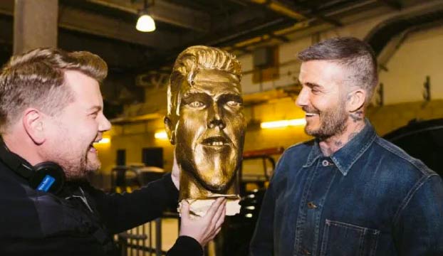 James Corden le gasta una broma pesada a David Beckham con una estatua falsa. Ojo a la reacción del jugador al verla