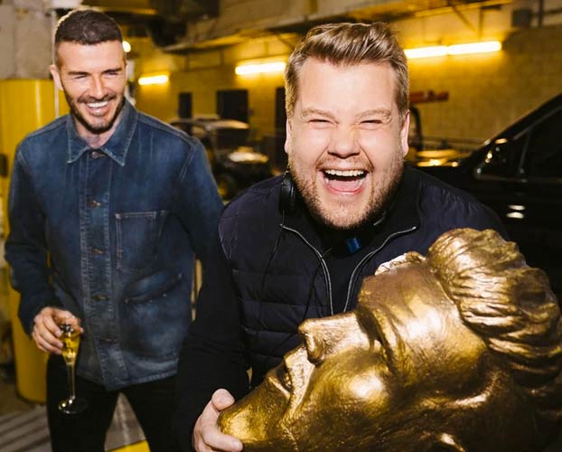 James Corden le gasta una broma pesada a David Beckham con una estatua falsa. Ojo a la reacción del jugador al verla