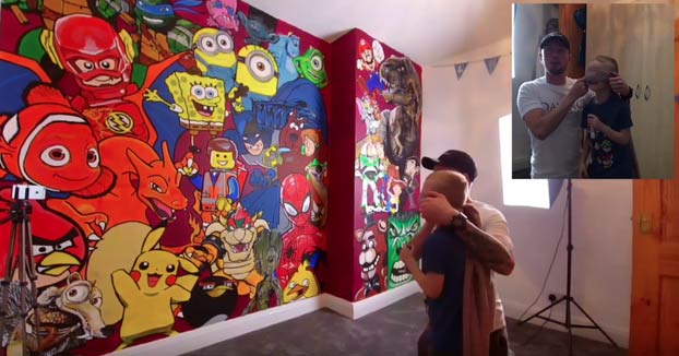 La sorpresa de un padre a su hijo: Le pinta un mural en la habitación con los personajes de sus dibujos favoritos