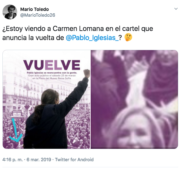 ¿Estoy viendo a Carmen Lomana en el cartel que anuncia la vuelta de Pablo Iglesias?