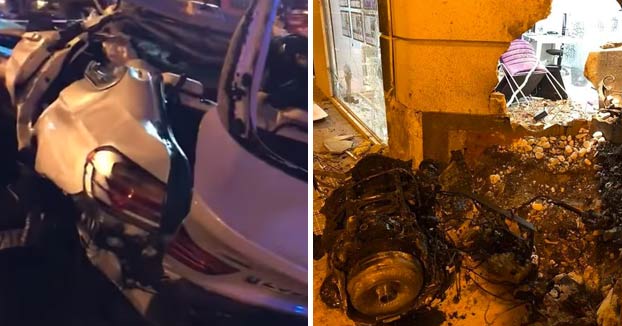 El conductor de un BMW choca a 186 km/h en pleno centro de Valencia. El motor del coche salió despedido y abrió un boquete en un edificio