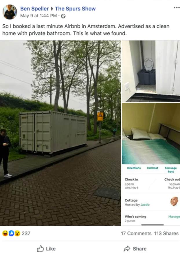 Alquila por Airbnb una "casa limpia con baño privado" por 134 euros y resulta ser un contenedor de transporte en medio de una calle