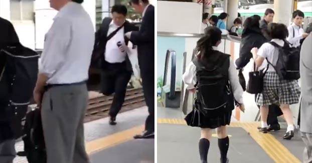 Una colegialas japonesas persiguen a un hombre que las tocó en el tren
