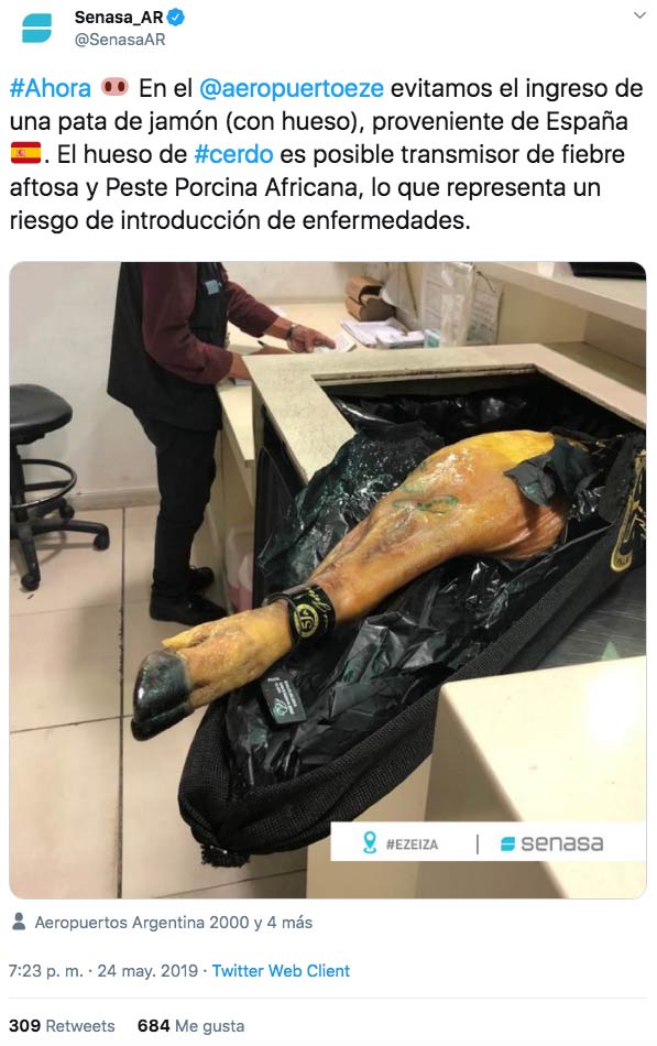 Impiden la entrada de un jamón 5J procedente de España en Argentina por ''riesgo de enfermedades''