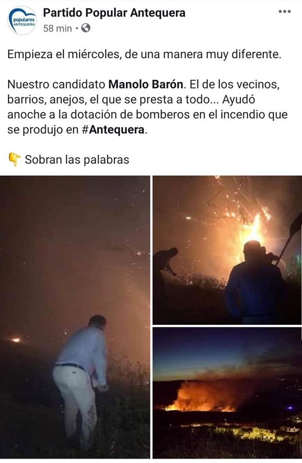 El alcalde de Antequera Manolo Barón se cuela a apagar un fuego en corbata y a hacerse selfies