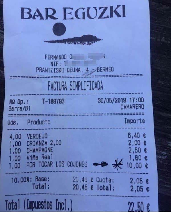 Un bar vasco cobra un extra de 10 euros a un cliente por ''tocar los cojones''