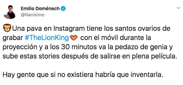 ''Una chica graba El Rey León con el móvil en el cine y a la media hora se sale de la sala y publica estas stories en Instagram''