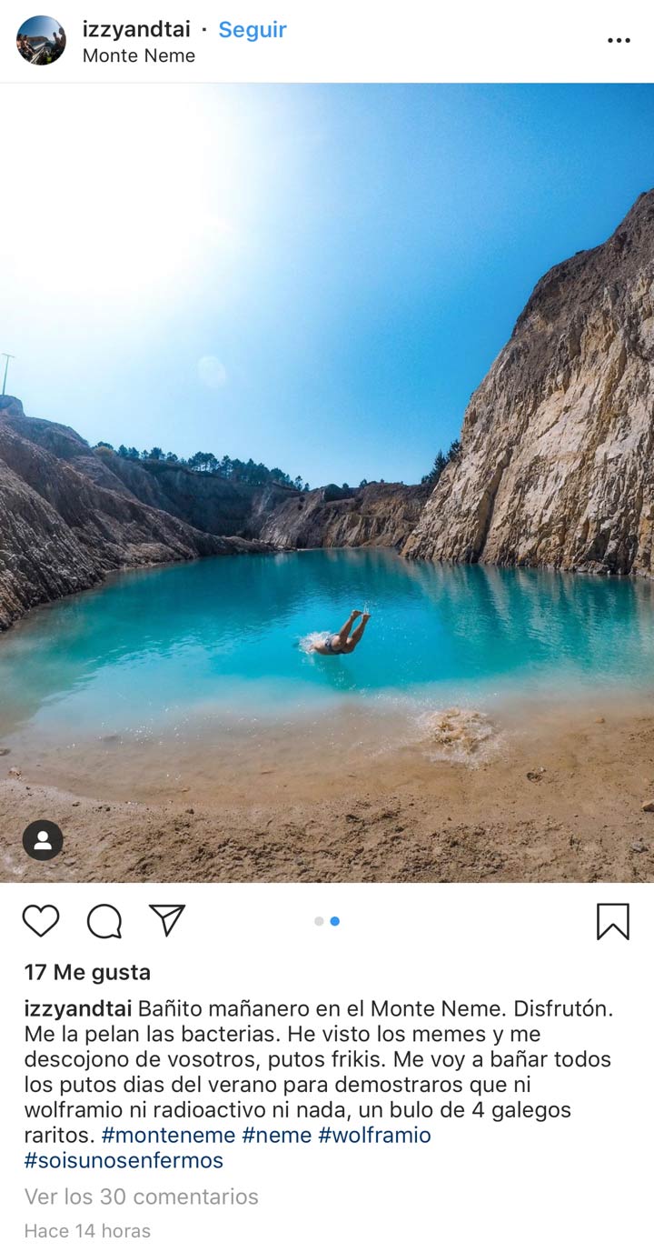 Un instagramer publica unas fotos lanzándose de cabeza al agua contaminada del Monte Neme: ''Bañito mañanero en el Monte Neme. Disfrutón''