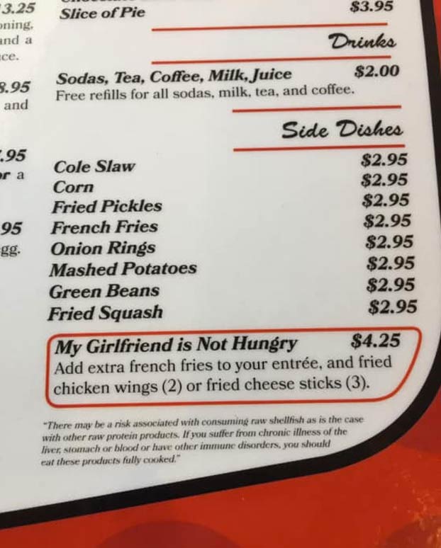 Un restaurante ofrece en su menú la opción ''Mi novia no tiene hambre''