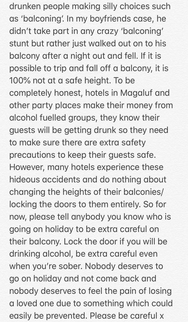 La novia de un fallecido en Magaluf: ''La altura de los balcones no es 100% segura''