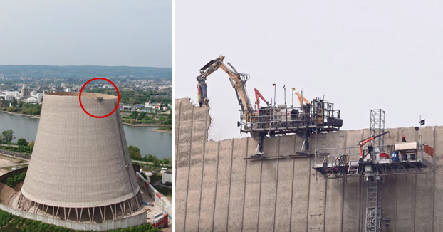 Una excavadora a control remoto baja la altura de una torre de refrigeración de una central nuclear alemana para después demolerla