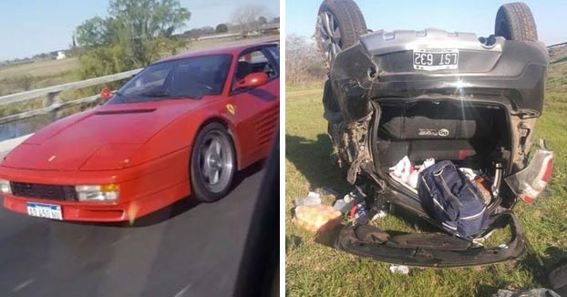 Adelantan a un Ferrari con un Sandero, lo graban para reírse y terminan volcando