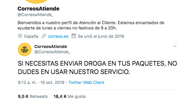 Hackean la cuenta de atención al cliente de Correos y publican mensajes sobre drogas