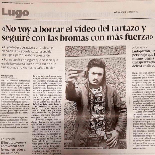 El youtuber que atacó al profesor: ''No voy a borrar el vídeo del tartazo y seguiré con las bromas con más fuerza''