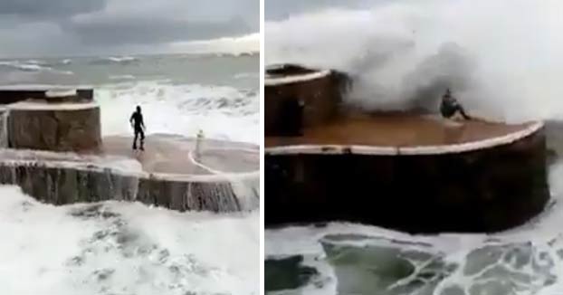 Imprudencia en Zarautz: Retan al oleaje y saltan al agua con olas de 7 metros de altura