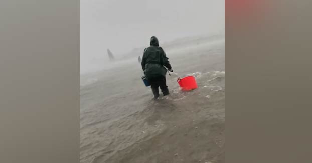 Mariscadoras de Cambados trabajando en pleno temporal con el litoral pontevedrés en alerta roja