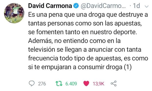 David Carmona, jugador del Racing de Santander, estalla en Twitter contra las casas de apuestas y el hilo desaparece en 24 horas