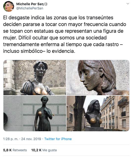 ''El desgaste indica las zonas que los transeúntes deciden pararse a tocar con mayor frecuencia cuando se topan con estatuas que representan una figura de mujer...''