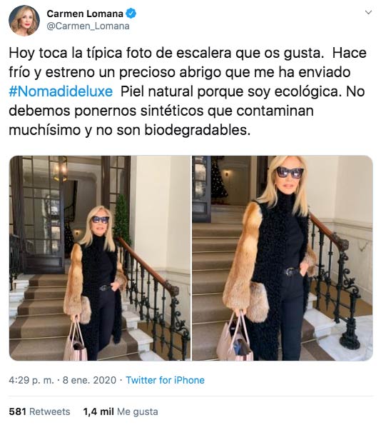 Carmen Lomana: ''Piel natural porque soy ecológica. No debemos ponernos sintéticos que contaminan muchísimo y no son biodegradables''