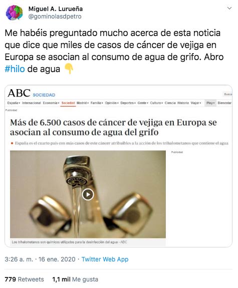 Miguel A. Lurueña analiza la noticia de que más de 6.500 casos de cáncer de vejiga en Europa se asocian al consumo de agua del grifo