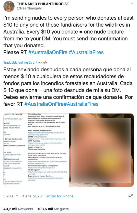 Una modelo de Instagram recauda más de 500.000 dólares para los incendios de Australia enviado fotos de ella desnuda a cambio de donaciones