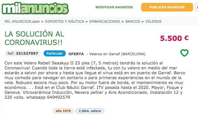 Vende su velero como solución al Coronavirus: ''Cuando toda la tierra esté infectada, con tu velero en medio del mar estarás a salvo!''