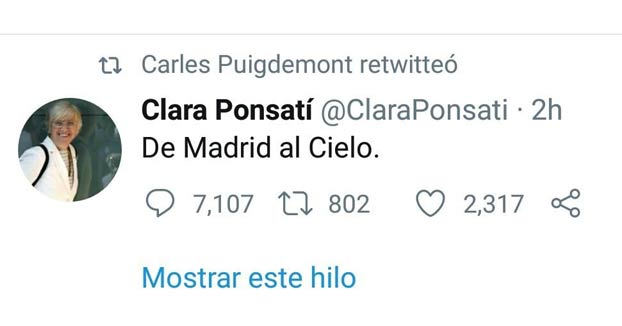 Clara Ponsatí se burla de las muertes por coronavirus en Madrid: ''De Madrid al cielo''