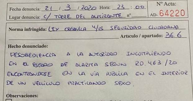 Multada una pareja en Algeciras por mantener relaciones en el coche durante el confinamiento por el coronavirus