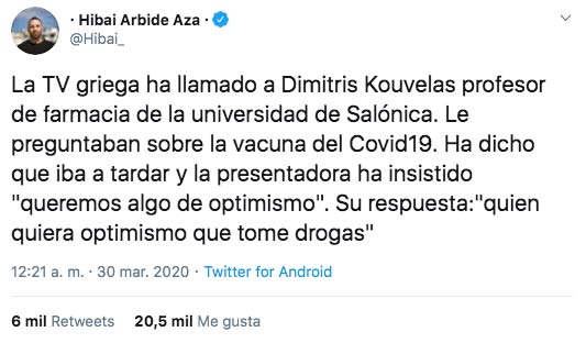 Dimitris Kouvelas, profesor de farmacia de la Universidad de Salónica: ''Quien quiera optimismo que tome drogas''