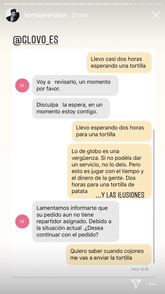 Jon Kortajarena recibe una oleada de críticas por su actitud con Glovo porque no le daban entregado una tortilla