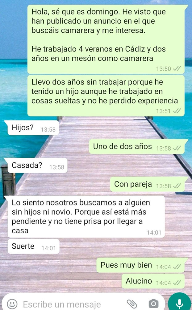 Indignación por la contestación de un empresario a una camarera: ''Lo siento, buscamos a alguien sin hijos y sin novio''