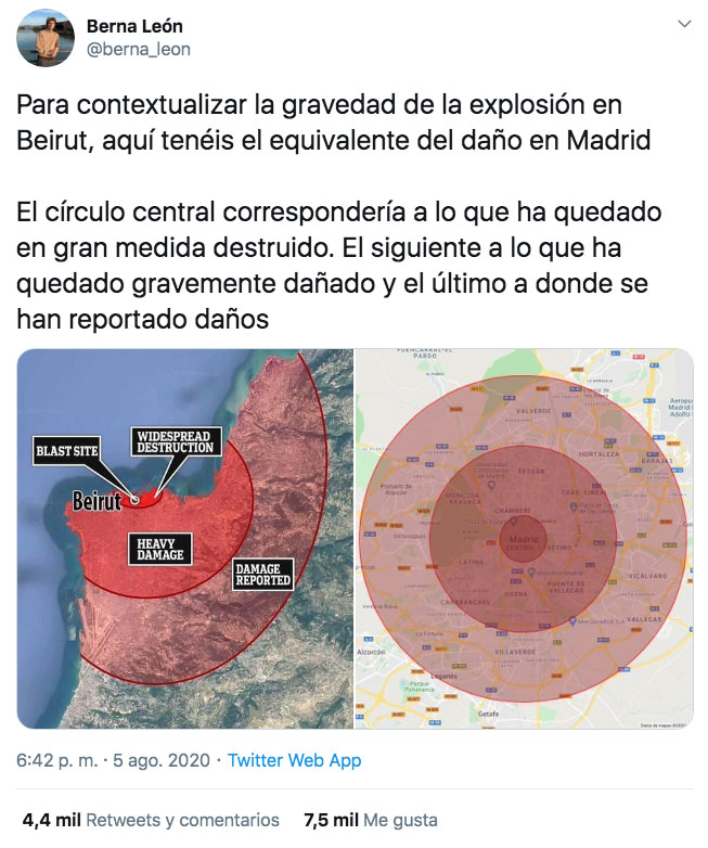 Para contextualizar la gravedad de la explosión en Beirut, aquí tenéis el equivalente del daño en Madrid