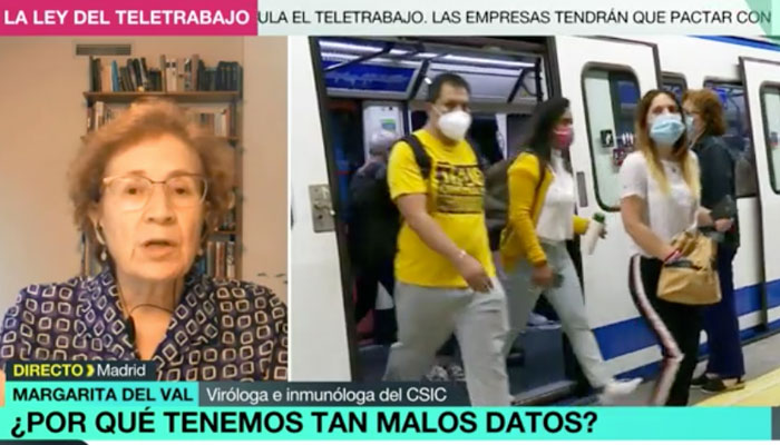 Margarita del Val (Viróloga del CSIC) desmiente a Aguado: ''La mascarilla no es garantía de que no nos contagiamos en el transporte''