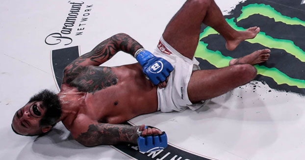 Dos patadas giratorias en la ingle dejan a un luchador de MMA tumbado en el suelo y gritando de dolor
