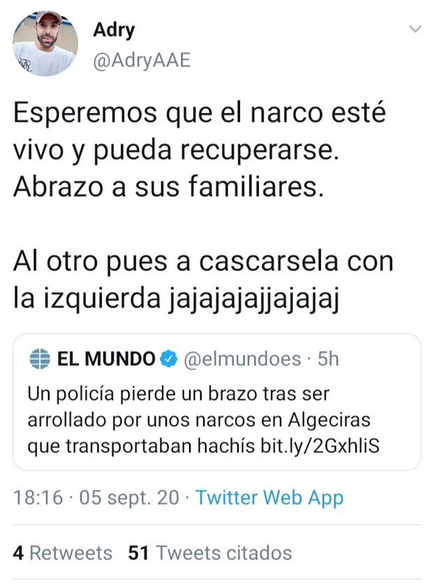 Comunicado del joven que fue detenido por mofarse en Twitter de las lesiones del inspector que fue embestido por un narcotraficante en Algeciras