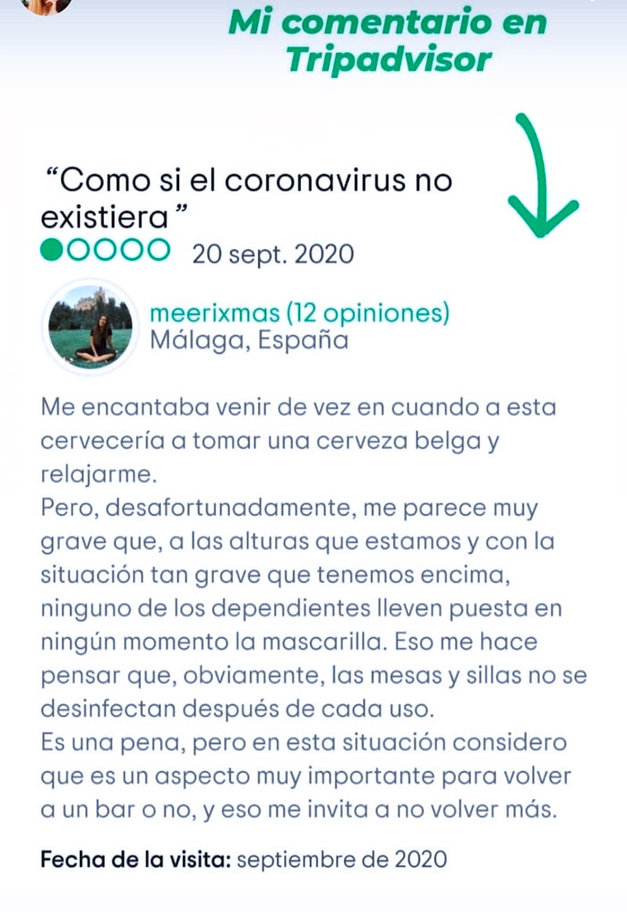 Una clienta se queja en Tripadvisor de que en una cervecería de Málaga los camareros no llevan la mascarilla y el dueño le responde