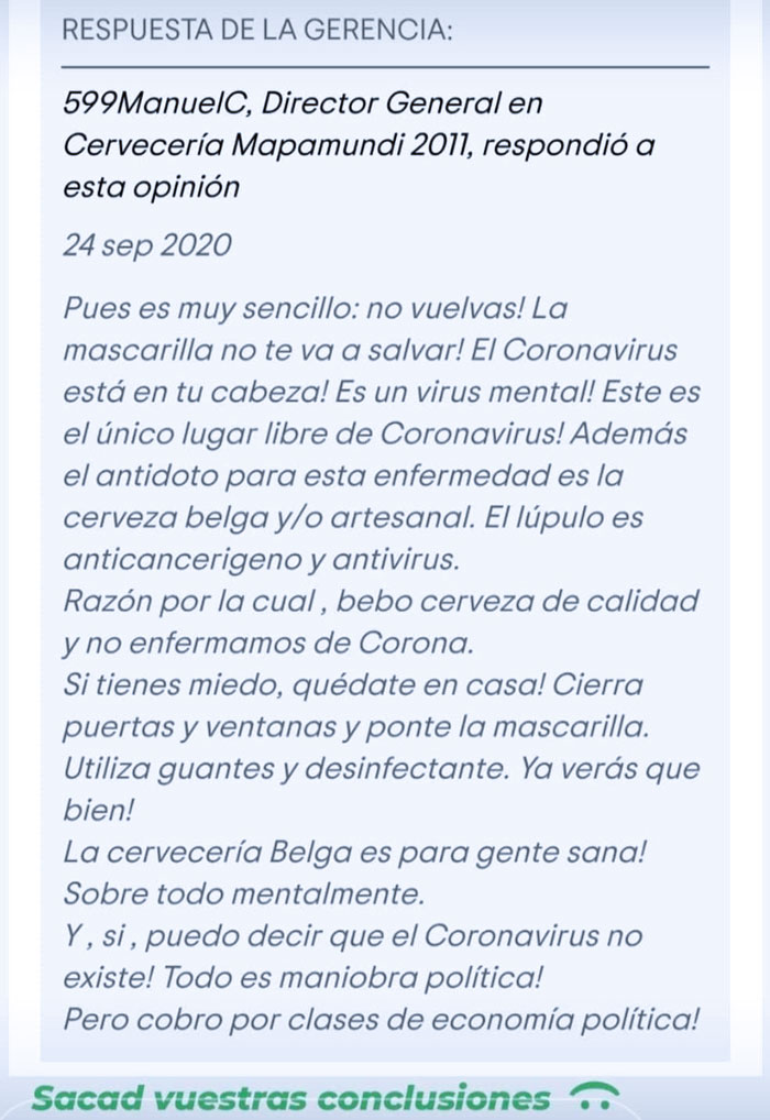 Una clienta se queja en Tripadvisor de que en una cervecería de Málaga los camareros no llevan la mascarilla y el dueño le responde