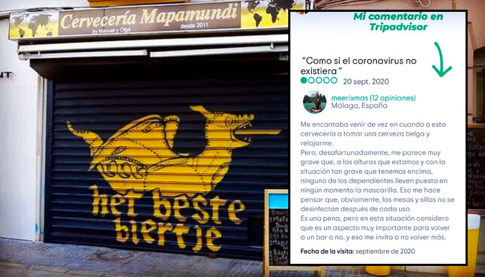 Una clienta se queja en Tripadvisor de que en una cervecería de Málaga los camareros no llevan la mascarilla y el dueño le responde