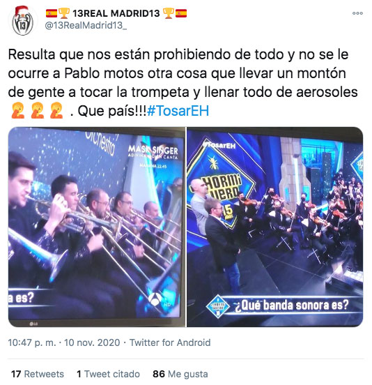 Polémica en 'El Hormiguero' porque Pablo Motos juntó a más de 30 músicos apelotonados y muchos sin mascarilla